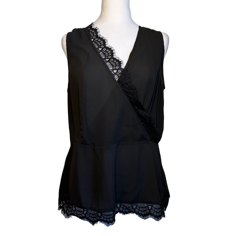 Pleione NWT Black Lace Accent Faux Wrap Sleeveless Cami Tank Top Size Medium - Picture 2 of 13